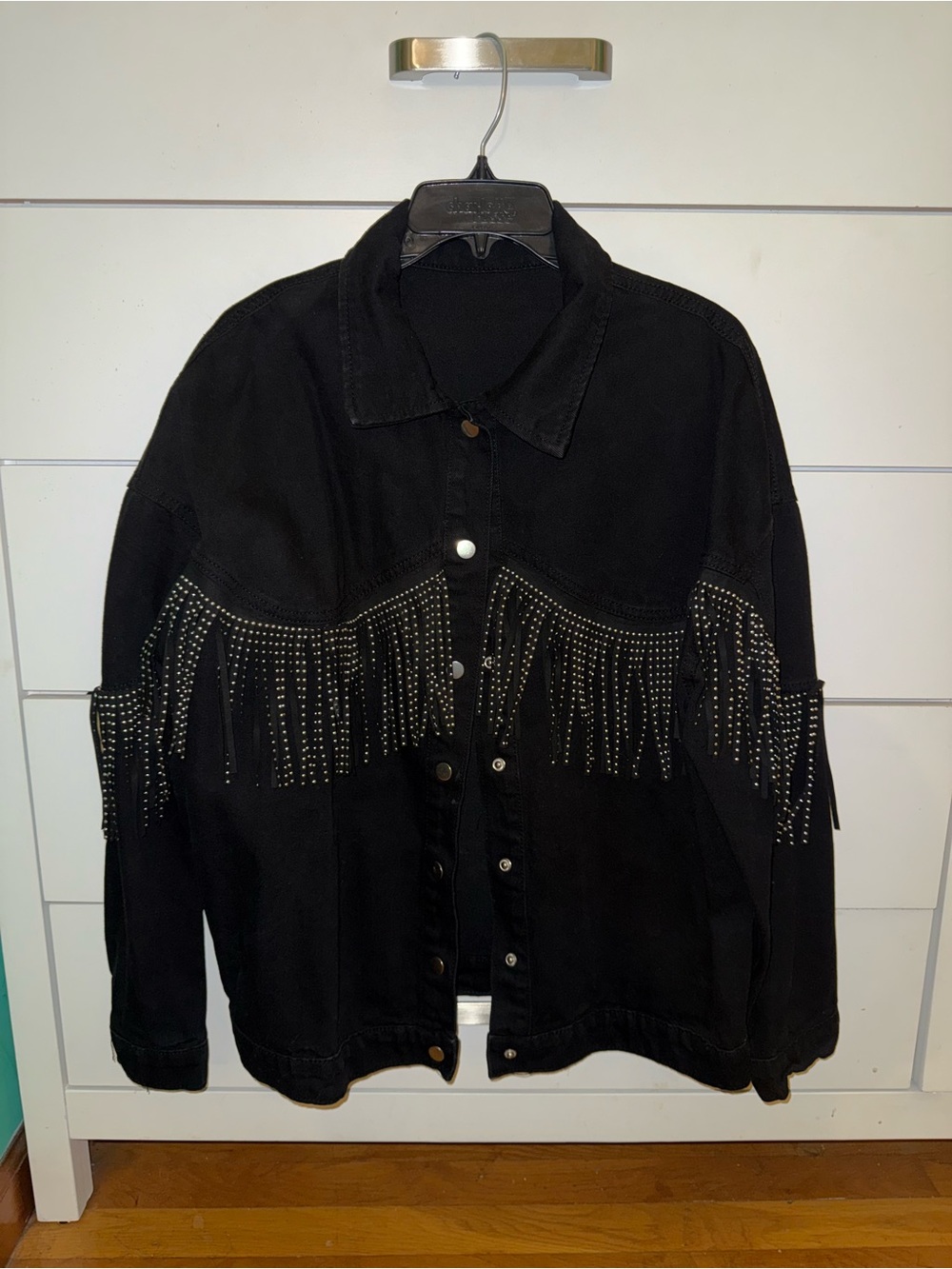 Black Fringe Studded Denim Jacket - Women
